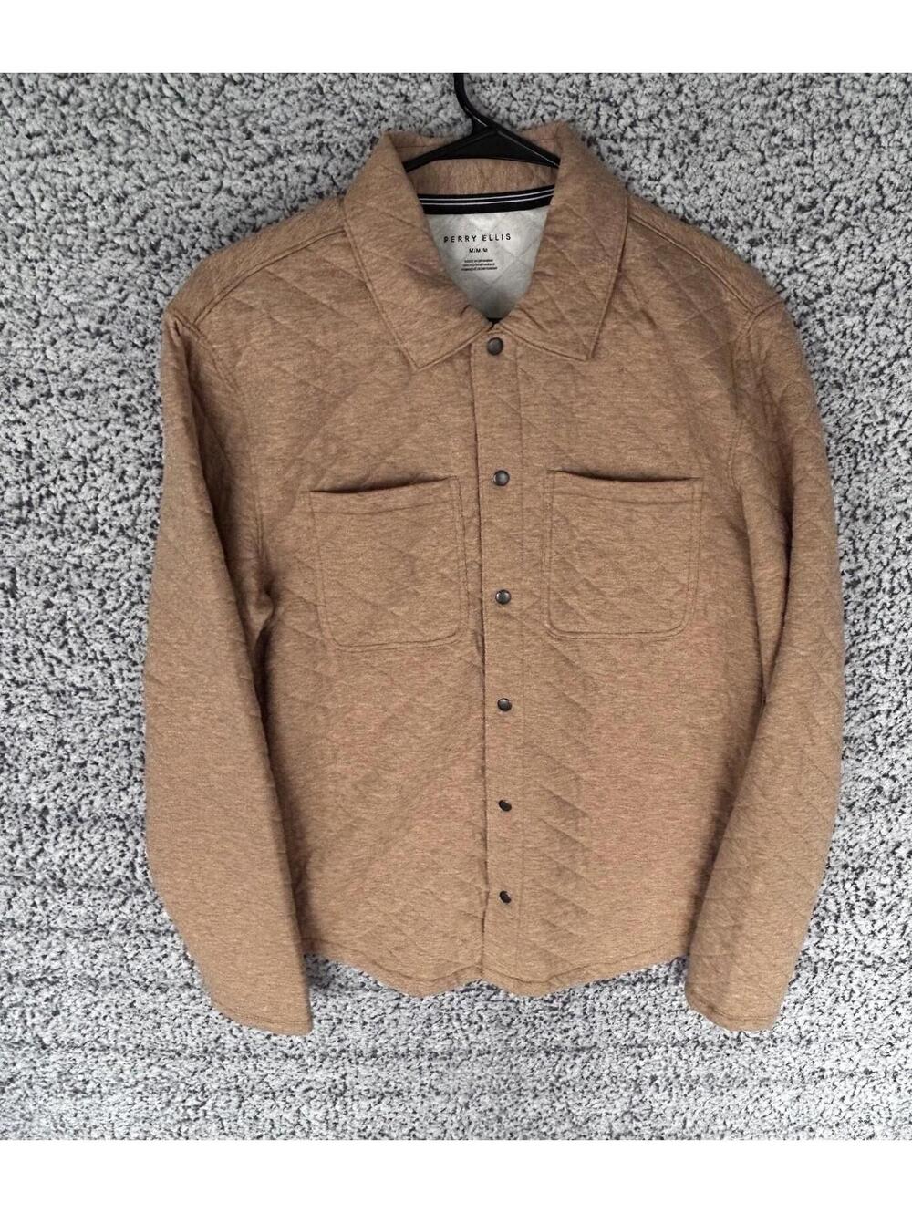 Perry Ellis Camel Heather Diamond Quilted Jacket Mens Size Medium New Brown